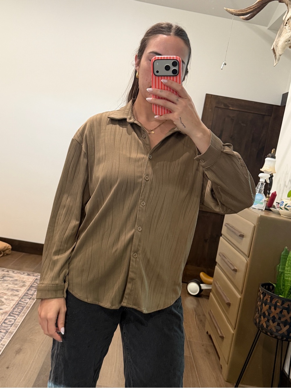 Dazy Relaxed Fit Brown Button-Up Shirt